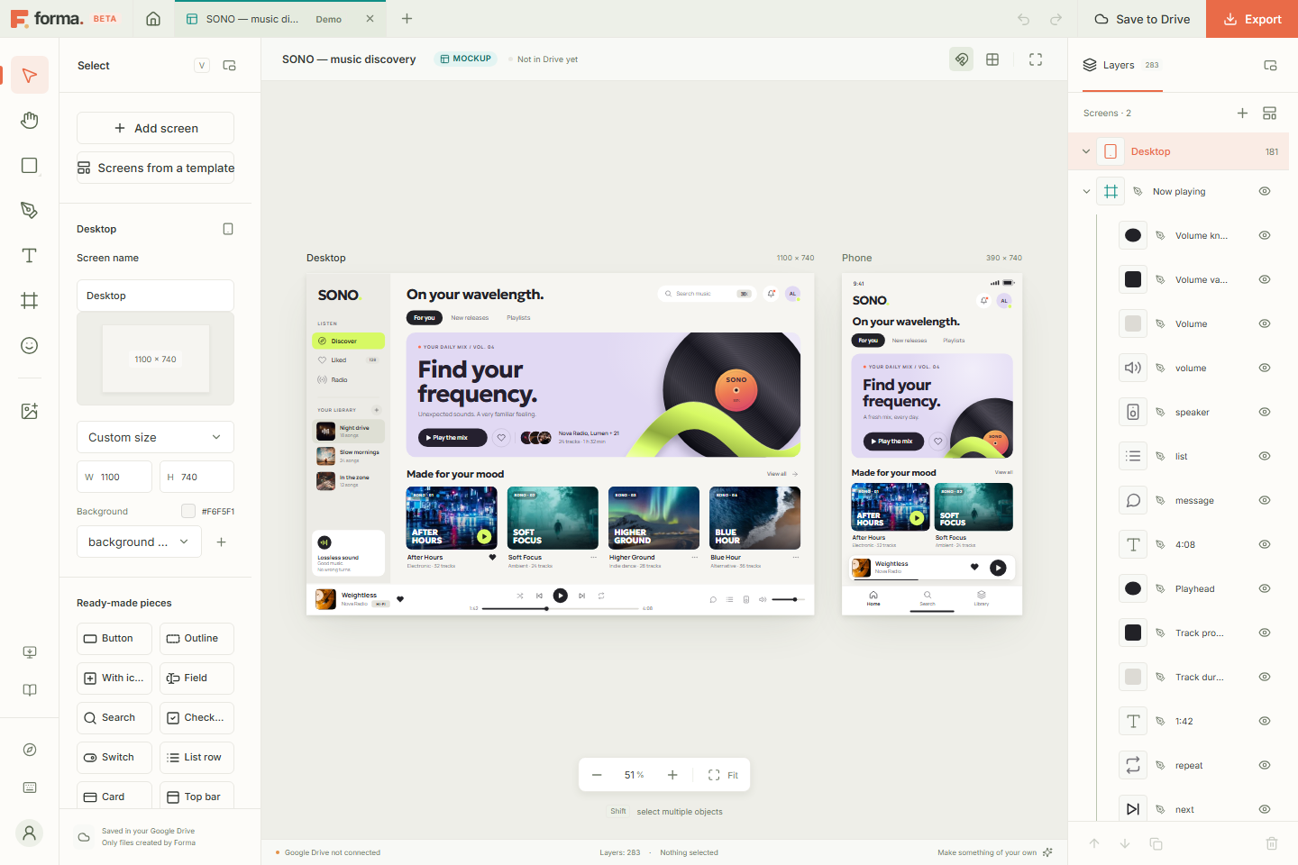 Real Forma editor with the SONO music app mockup: desktop and phone screens, ready-made pieces and editable layers